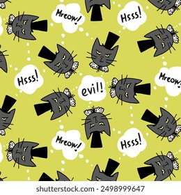 Humorous halloween seamless background of black cats in top hats and ruffs with speech bubbles on green background. Hand drawn spooky cartoon comics