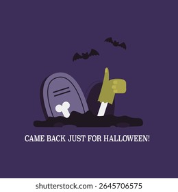 Humorous Halloween vector illustration featuring a zombie hand giving a thumbs up from the grave, with a funny phrase for greeting cards, party invitations, posters, and seasonal social media posts. C