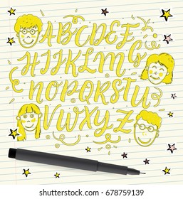 Humorous hand drawn typeface. Sketch doodle letters. Handwritten script alphabet 
 on paper background. Comical handmade alphabet with funny illustrations for your designs: posters, invitations, etc. 