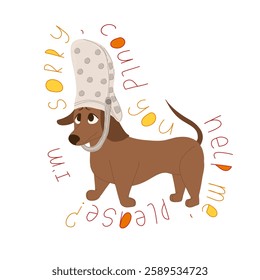 Humorous hand-drawn vector design with a dachshund with "sorry" for an apology card. Ideal for pet lovers’ stickers and digital designs, greeting cards, labels and gifts