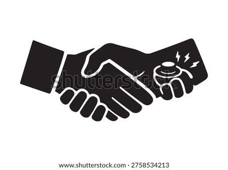 Humorous handshake prank with hidden buzzer device in palm silhouette vector icon on a white background