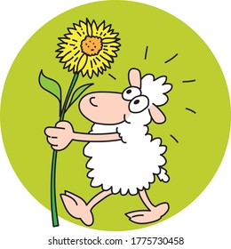 A humorous and happy sheep, holding in its hands a large sunflower? The style of the vectorized drawing is like in the comics. The background is green.