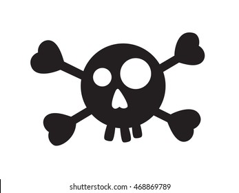 Humorous icon of cartoon human skull and crossbones isolated on white background. Symbol of danger, pirate, poison, death. Art vector illustration.