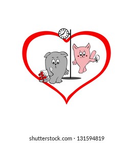 humorous illustration of assignation between cat and cat. Men waiting, the woman is late