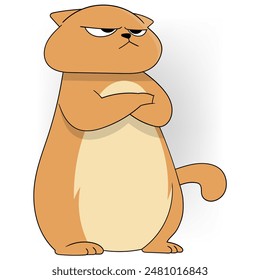 A humorous illustration of a brown cartoon cat with a grumpy expression and crossed arms. The cat has a beige belly and an annoyed look, making it ideal for comedic or whimsical themes.