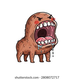 Humorous illustration of a brown monster with an oversized mouth, sharp teeth, and drool, expressing anger or frustration in a quirky cartoon style