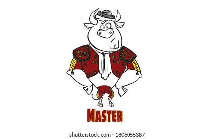 humorous illustration of a bull dressed as a bullfighter with the word master.