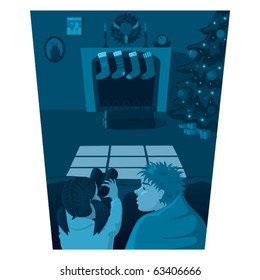 Humorous illustration of children waiting for Santa to arrive trough the chimney on Christmas Night