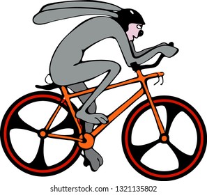 Humorous illustration, color, vector. Isolated background Hare plays sports. Rabbit rides a bicycle. The hare participates in sports races on a bicycle.