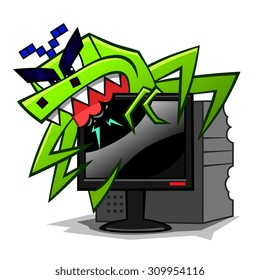 Humorous illustration of computer virus which eats personal computer.