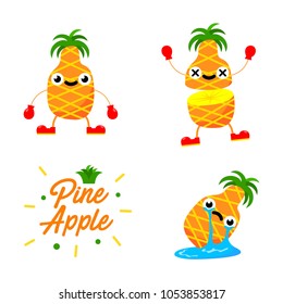 Humorous illustration depicting cartoon pineapple characters expressing emotions and engaging in activities, perfect for designs, storytelling, or concepts about tropical fruit, fun, and expressive cr