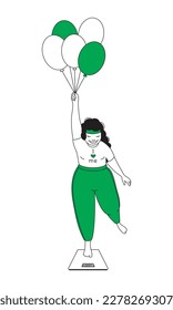 A humorous illustration of a fat girl standing on a scale holding balloons