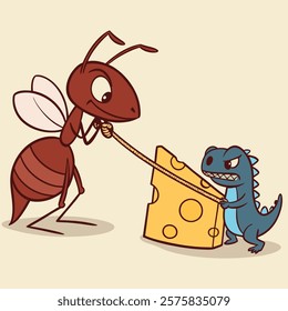 A humorous illustration featuring a determined ant and an angry baby dinosaur in a tug-of-war over a large piece of Swiss cheese, highlighting their contrasting sizes and expressions in a playful.