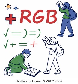 Ilustração bem humorada com três personagens, dois com mochilas, um desenho em um caderno. A imagem também exibe o termo 'RGB' com um sinal de adição, enfatizando a mistura de cores.