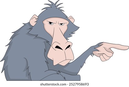 Ilustração humorística de um macaco cinzento de olhar severo, apontando o dedo como se estivesse dando um comando ou fazendo uma declaração