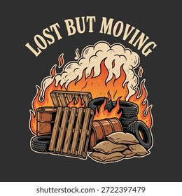Una ilustración humorística de artículos en llamas con el texto Lost But Moving.