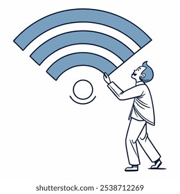 Eine humorvolle Illustration eines Mannes, der ein riesiges Wi-Fi-Signal hochhält, das die Bedeutung der Internetverbindung in unserer modernen Welt symbolisiert. Dieses verspielte Bild ist perfekt für Websites, soziale Medien.