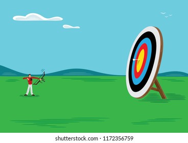 Humorous illustration of a man practicing archery on a giant sized bullseye, outdoors