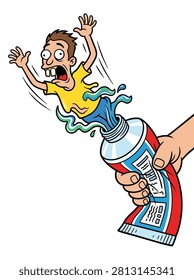 A humorous illustration of a man with a shocked expression being squeezed out of a tube of toothpaste by a large hand