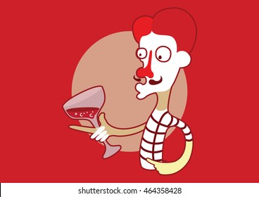 An humorous illustration of a mime drinking red wine. 