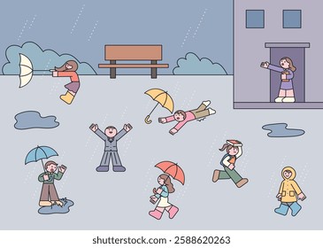 A humorous illustration of people struggling in heavy rain and wind. Characters with umbrellas, soaked clothes, and flying away due to strong weather conditions. 