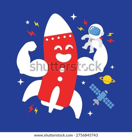 A humorous illustration of a red rocket ship with a smiling face and muscular arms, accompanied by an astronaut, set against a starry space background with a satellite and planet.