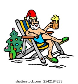 
A humorous illustration of Santa Claus relaxing in a beach chair, wearing a Santa hat and holding a frothy beer, with a decorated Christmas tree nearby, capturing a tropical holiday vibe.