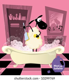 Humorous illustration of sheep taking a bath and using environment friendly product.
