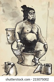 Humorous image on which sits a Sumo fighter on the toilet bowl. An hand drawn (converted) vector in vintage style.