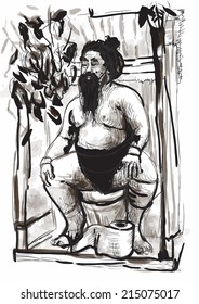 Humorous image on which sits a Sumo fighter on the toilet bowl. An hand drawn (converted) vector in vintage style.
