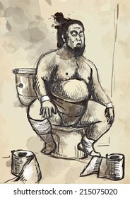 Humorous image on which sits a Sumo fighter on the toilet bowl. An hand drawn (converted) vector in vintage style.