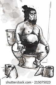 Humorous image on which sits a Sumo fighter on the toilet bowl. An hand drawn (converted) vector in vintage style.