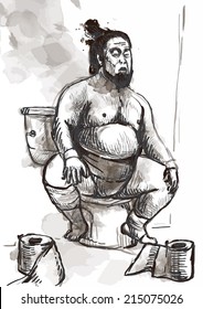 Humorous image on which sits a Sumo fighter on the toilet bowl. An hand drawn (converted) vector in vintage style.