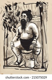 Humorous image on which sits a Sumo fighter on the toilet bowl. An hand drawn (converted) vector in vintage style.