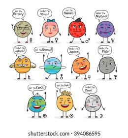 Humorous image of the zodiac planets: Sun, Moon, Mercury, Venus, Mars, Jupiter, Saturn, Uranus, Neptune, Pluto and Earth