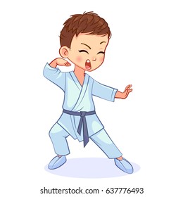 Humorous karate boy in a white sport former kimono stands in a fighting stance and screams. Cutout cartoon vector kid character.