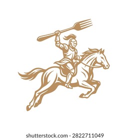 Humorous knight illustration wielding a fork for restaurant branding.