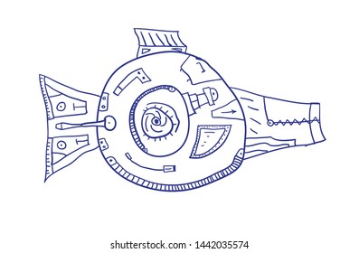 Humorous Mechanical fish.  Vector sketch illustration on white. 