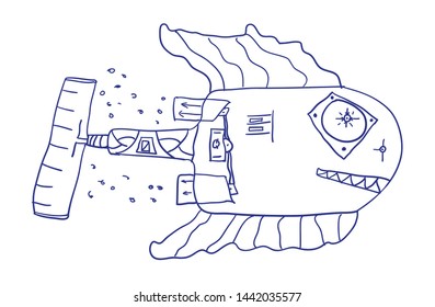 Humorous Mechanical fish.  Vector sketch illustration on white. 