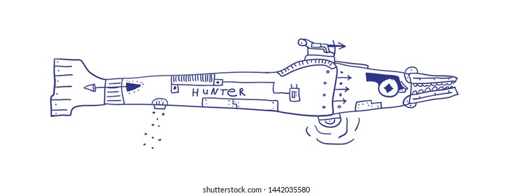 Humorous Mechanical fish.  Vector sketch illustration on white. 