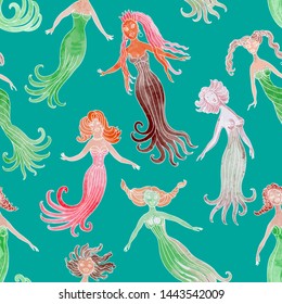 Humorous mermaid seamless pattern on a turquoise background. Female cartoon characters of different race and figure type swimming underwater. Body positive batik print,Love your body concept wallpaper