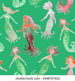 Humorous mermaid seamless pattern on a green background. Female cartoon characters of different race and figure type swimming underwater. Body positive batik print, Love your body concept wallpaper