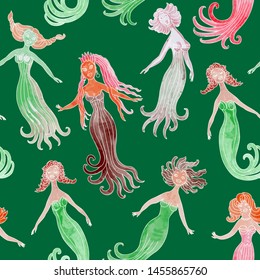 Humorous mermaid seamless pattern on a green background. Female cartoon characters of different race and figure type swimming underwater. Body positive batik print, Love your body concept wallpaper