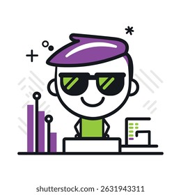 A humorous minimalist business icon of a cool manager wearing sunglasses, business growth chart, black line art with neon accents, simple and schematic style cute and funny, vector