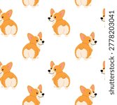 A humorous and minimalist seamless repeat pattern showcasing the rear view of a Welsh Corgi dog. The design focuses on the fluffy white and orange backside of the dog, arranged in a staggered grid on a solid white background. An excellent choice for quirky pet brand packaging, modern stationery, and children