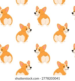 A humorous and minimalist seamless repeat pattern showcasing the rear view of a Welsh Corgi dog. The design focuses on the fluffy white and orange backside of the dog, arranged in a staggered grid on a solid white background. An excellent choice for quirky pet brand packaging, modern stationery, and children's apparel.