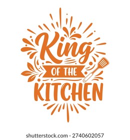 Ilustración vectorial naranja humorística "King of the Kitchen" con batidor y espátula, diseño de tipografía de entusiasta de la cocina