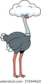 Avestruz humorístico con una cabeza de nube esponjosa, perfecto como mascota de dibujos animados para pegatinas, libros infantiles, marcas extravagantes y proyectos creativos digitales.
