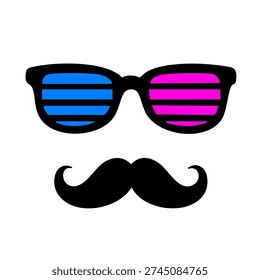 humorous party props illustration featuring colorful shutter shades and a thick mustache