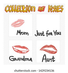 humorous pattern print on a t-shirt or poster. a collection of kisses with a lipstick print and signature. mom. grandmother. aunt. just for you.
